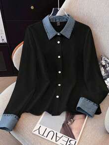 Camisa de efecto de mezclilla de parchwork casual para mujer, otoño/invierno - Negro - Ver 3
