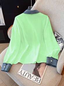 Camisa de efecto de mezclilla de parchwork casual para mujer, otoño/invierno - Verde - Ver 2