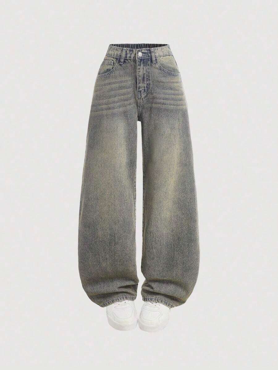 Pantalones vaqueros holgados de estilo casual con bolsillos y patas anchas para adolescentes, jeans de verano. - Azul lavado medio 2 - Ver 1