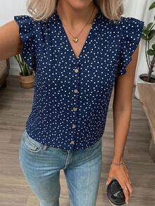Clasi Blusa de mujer de verano con cuello en V y mangas cortas con estampado floral - Azul marino - Ver 3