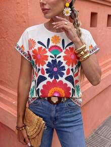 Camiseta con mangas de murciélago a rayas, informal, camisetas gráficas de verano para mujeres - Multicolor 2 - Ver 1