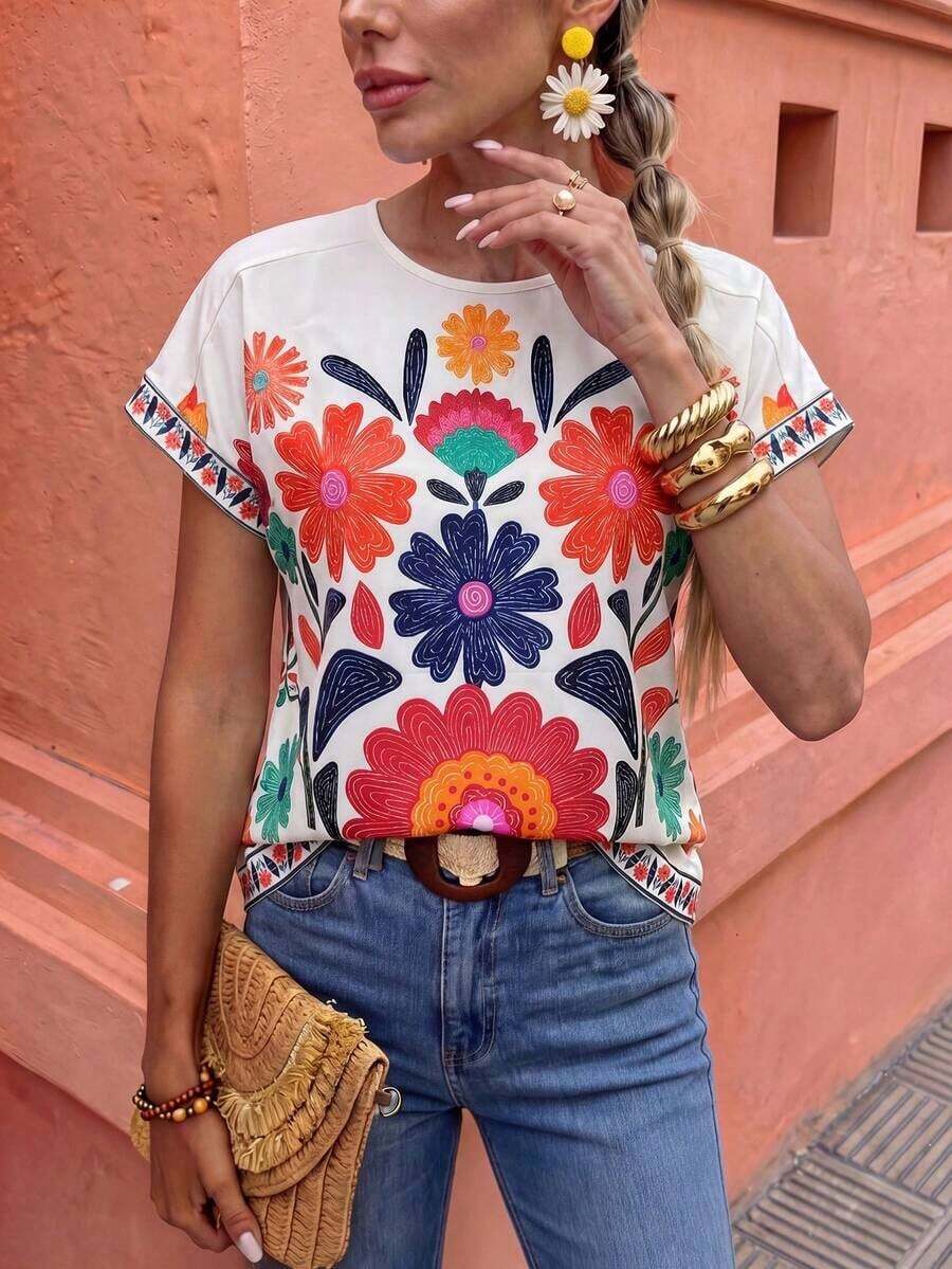 Camiseta con mangas de murciélago a rayas, informal, camisetas gráficas de verano para mujeres - Multicolor 2 - Ver 1
