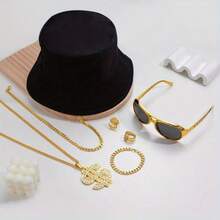 5pcs 80s 90s Hip Hop Style Accessory Set, Including Hat, Sunglasses, Faux Gold Necklace And Ring, Suitable For Men And Women, Great For Rappers - Multicolor - View 5