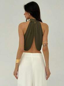 Blusa elegante y sexy para mujer con cuello cruzado, fruncido en la espalda y botones, de estilo casual y de vacaciones, de gasa - Verde militar - Ver 2