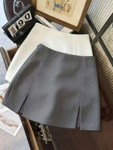 Falda casual versátil de cintura baja con abertura, falda gris, falda A-line de doble capa con bajo con abertura, falda casual de mujer, mini falda, falda corta ajustada de cintura alta con abertura, falda casual versátil para uso diario, r - Gris - Ver 4