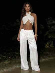 ICON Pantalones de pierna ancha de cintura baja, ajuste holgado, largo hasta el piso, gris con rayas verticales para mujer estilo Y2K - Blanco - Ver 8