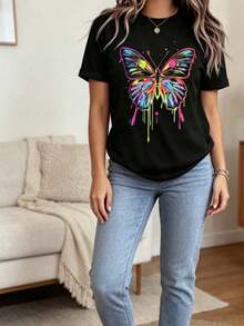 Camiseta de Cuello Redondo para Mujer con Estampado de Mariposas Coloridas, Manga Corta, Estilo Casual de Verano - Negro - Ver 4