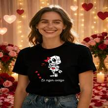 Casual Women's Black Cotton Short Sleeve Round Neck T-Shirt with Music Themed Graphic Print, Regular Fit Top - Negro - Ver 2