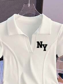 Camiseta de mujer casual de manga corta con cuello polo, estampado de caballero a rayas y contraste de color - Blanco 2 - Ver 3