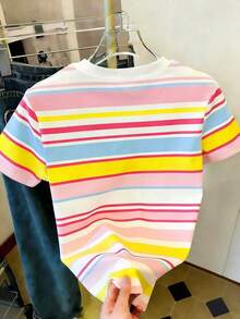 Camiseta de manga corta con cuello redondo y estampado de letras, de uso casual y versátil para uso diario - Multicolor - Ver 2