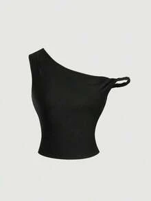 Top casual de tirantes con estampado de letras y frutas, ajuste ceñido para mujer - Negro 2 - Ver 5