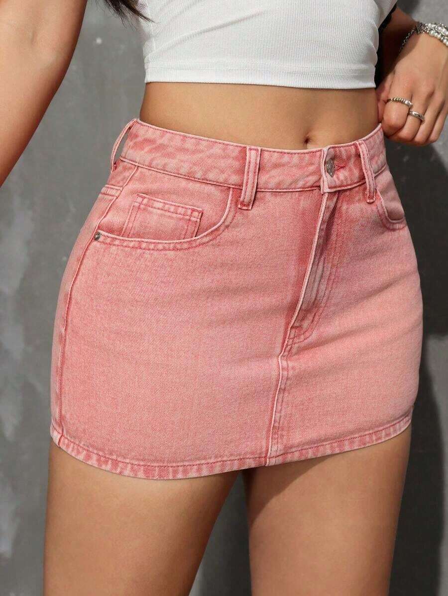 Minifalda vaquera casual de uso diario para mujer con bolsillos y botones - Rosa Pálido - Ver 1