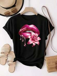 Labios Rosados con Estampado de Lirios |     Diseño Romántico y Elegante, Camiseta Deportiva Casual de Manga Corta con Cuello Redondo para Mujer, Top Cómodo - Negro - Ver 12