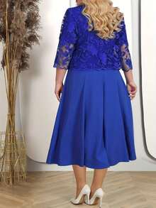 Vestido cóctel de dos piezas con encaje bordado combinado, nueva colección primavera-verano para mujer de talla grande - Azul - Ver 3