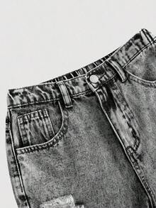 Girlism Jeans rectos y sueltos de mezclilla azul con agujeros rotos para adolescentes - Negro 2 - Ver 3