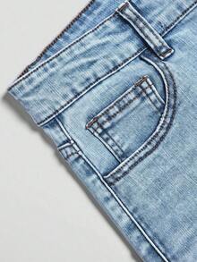 Explorewe Jeans de mezclilla estilo Y2K versátiles lavados y desgastados con pierna acampanada y elásticos para niñas adolescentes - Azul lavado medio 3 - Ver 4
