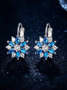 1 par de pendientes de cobre con circonita azul marino y estilo floral europeo y americano, elegantes pendientes versátiles para fiestas para mujeres - Azul - Ver 6