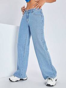 ICON Solid Color Wide Leg Pocket Jeans, Casual And Versatile - Light Wash 8 - View 5