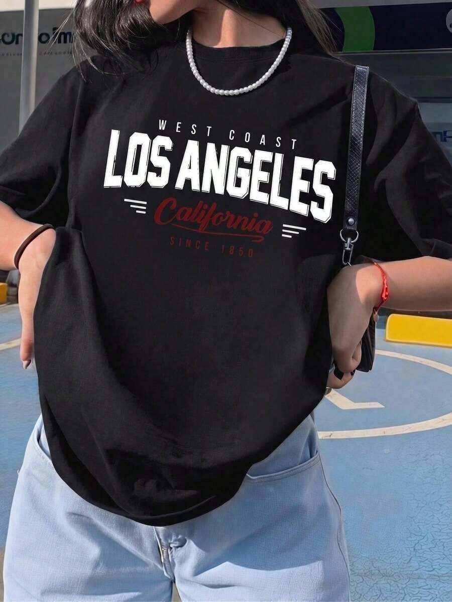 Camiseta de manga corta con cuello redondo y estampado gráfico de Los Ángeles, California, para mujer, estilo casual y urbano. BJDB - Negro - Ver 1