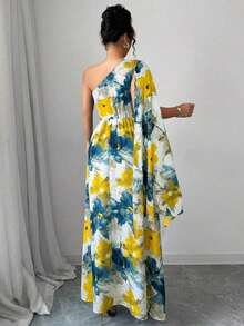 Elenzya Vestido maxi de talla grande sin mangas con cintura anudada, estampado de flores efecto tie-dye, elegante vestido de estilo francés para vacaciones de primavera/verano - Multicolor - Ver 2