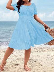 Clasi Vestido corto de manga corta en color burdeos de uso diario, sencillo y liso para mujeres de talla grande - Celeste - Ver 4