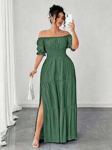 Vestido casual elegante de talla grande para mujer de primavera/verano, en azul sólido de aspecto de mezclilla con cintura fruncida y con abertura lateral - Verde - Ver 5