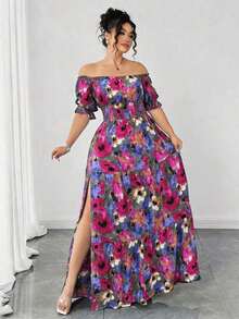 Vestido casual elegante de talla grande para mujer de primavera/verano, en azul sólido de aspecto de mezclilla con cintura fruncida y con abertura lateral - Rosa Fucsia - Ver 7