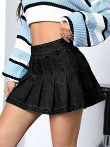 Falda Tipo A Plisada De Mezclilla unicolor Para Mujer - Gris Oscuro - Ver 3