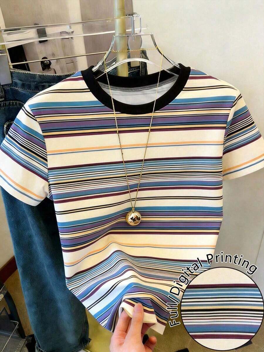 Camiseta de manga corta de mujer con cuello redondo, estampado de lunares, de uso casual y versátil para uso diario - Multicolor 3 - Ver 1