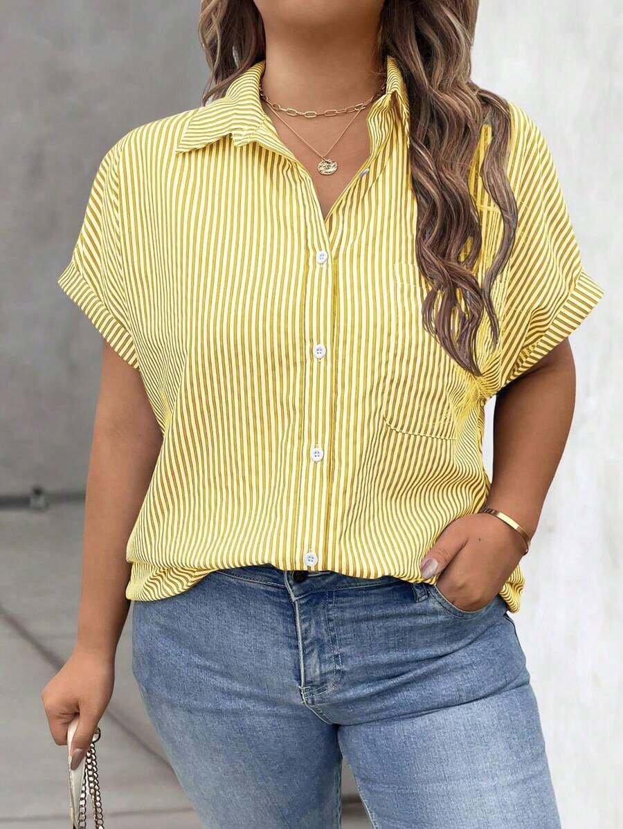 Vionelle Blusa casual de talla grande para mujer con estampado de rayas azul y blanco, de manga corta y abotonada, para el verano - Amarillo - Ver 1