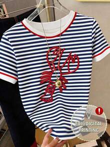 Camiseta de manga corta con estampado de bloques de color y rayas para vacaciones de verano - Multicolor - Ver 4