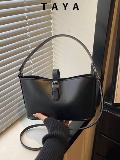 New Retro Fashion Solid Color Shoulder Bucket Bag, Buckle Opening, Soft Body, Adjustable Long Shoulder Strap, Small Capacity Minimalist Crossbody Bag. Suitable For Women's Daily Life, Commuting, Work, Vacation And Student Use