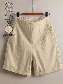 Pantalones de lino minimalistas casuales de unicolor para mujer, talla pequeña - Caqui - Ver 8