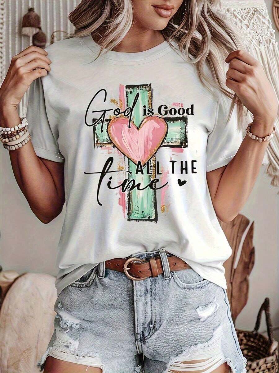 Camiseta de manga corta para mujer cristiana, 1 pieza, camiseta casual para mujer con estampado "Dios es siempre bueno", 100% algodón puro, manga corta, cuello redondo, talla regular y grande, adecuada para todas las estaciones, tejido de punto, 180g, ideal como regalo para el Día de Acción de Gracias y Navidad, 100% algodón. - Blanco - Ver 1