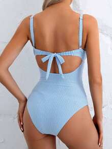 Traje de baño de una pieza sexy para mujer con rayas, escote delantero hueco y cordones en la espalda, para el verano - Azul y blanco - Ver 2
