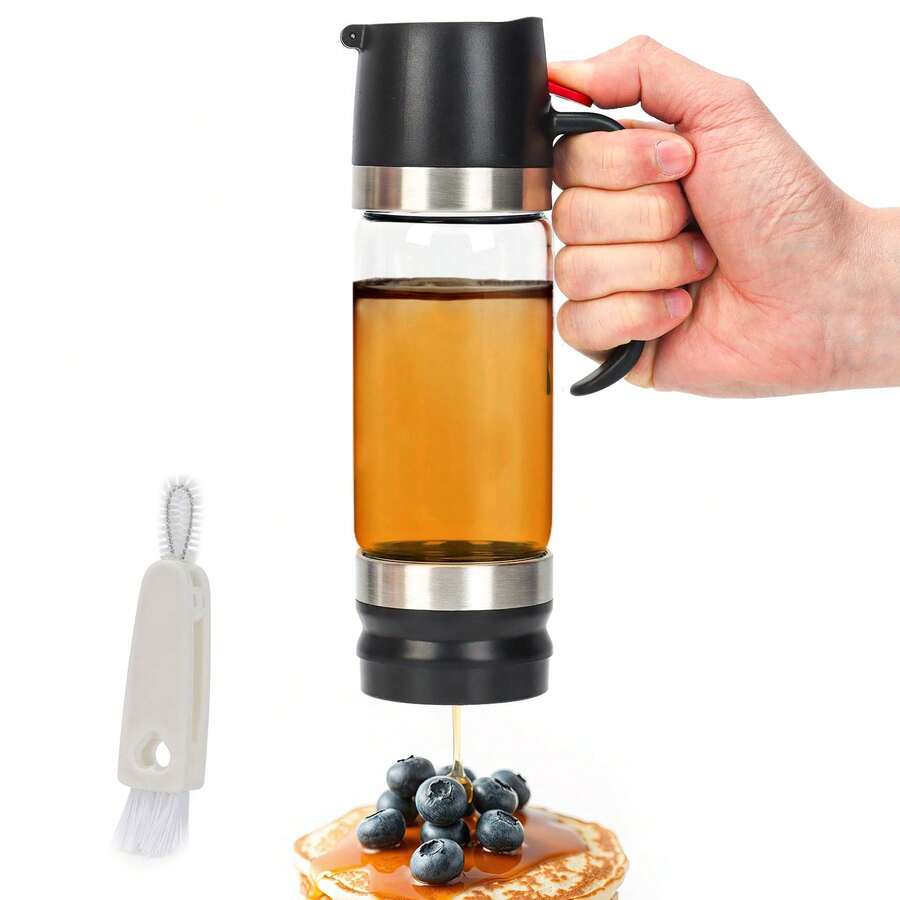 Glass Honey Dispenser With Brush, 12oz Oil Bottle, Seasoning Jar With Handle, Coffee Or Tea Syrup Dispenser - Black - View 1