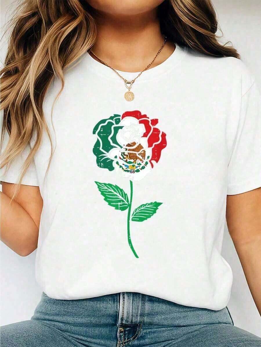 Solt 1pc Soft Cotton T-Shirt For Women. Graphic Print T-Shirts With Mexican Flag And Roses, Short-Sleeved, Round-Neck Athletic T-Shirt For Women, Casual And Fashionable Style, 100% Cotton, For Spring/Summer. - 白色的 - 查看 1