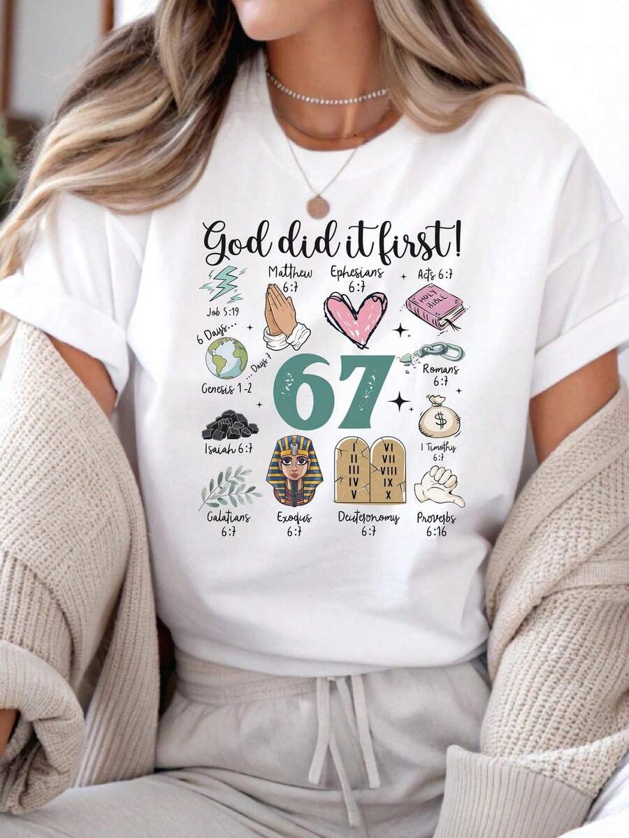Camiseta con versículo bíblico 67, camiseta "Dios lo hizo primero", camiseta cristiana 6 7, ropa juvenil de moda con temática de fe. Camiseta unisex de algodón puro de 220 g, peso ideal para todas las estaciones, apta tanto para hombres como para mujeres. Tejido duradero de alta calidad, suave al tacto y de larga duración. Parte superior transpirable. Adecuada para la primavera y el verano de las mujeres, vacaciones, Día de la Madre, Día de la Independencia. - Blanco - Ver 1