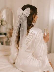 2pcs/Set Bridal Veil & Sash Set, White Veil With "Bride" Letter & Pearl Decor, Suitable For Bridesmaid Party, Bridal Shower, Wedding Photography, Bridal Accessories, Wedding Party Decor, Robe Accessories, Wedding Entrance Decor. Suitable For Bachelorette Party, Bridal Shower Gift, Wedding Decor, Pre-Wedding Party And Wedding Photography. - White - View 5