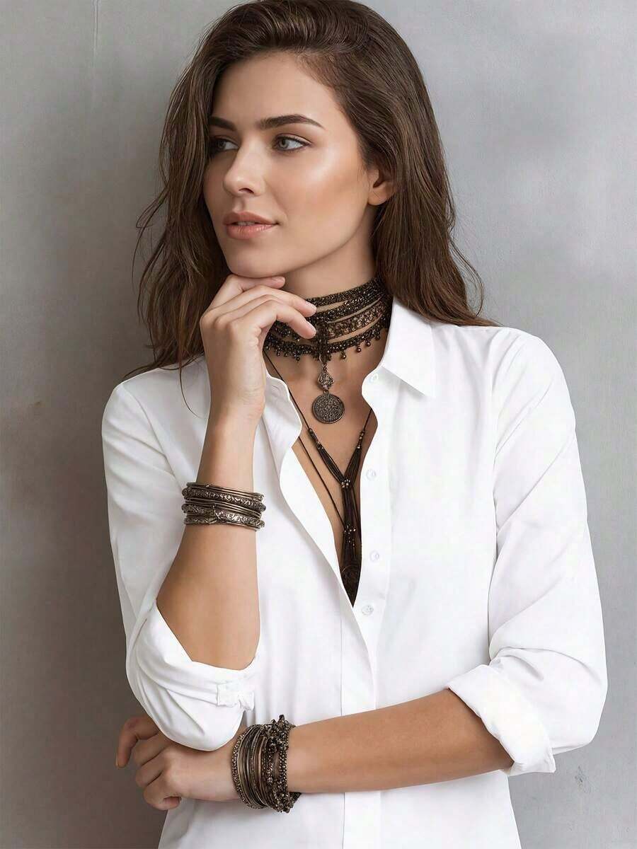 1 pieza Blusa elegante de unicolor de diseño de doble capa de poliéster para mujer, adecuada para vacaciones, uso diario, oficina y uso en el hogar en primavera/verano, color negro - Blanco - Ver 1