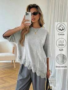 Camiseta de mujer de manga corta con estampado de leopardo, parche de encaje, bajo asimétrico, adecuada para vacaciones de verano, ir al trabajo y uso diario - Gris Claro - Ver 1