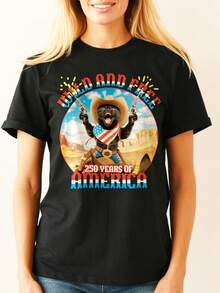 Denim T-Shirt With A Wild And Free Cat Print, Vintage American Patriotic Tee, Independence Day Tee. Unisex 220g Pure Cotton T-Shirt, Ideal Weight For All Seasons, Suitable For Both Men And Women. Durable, High-Quality Fabric, Soft To The Touch And Long-Lasting. Breathable T-Shirt. Suitable For Spring And Summer, Holidays, Mother's Day, And Independence Day. - 黑色 - 查看 1