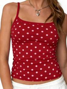 Women Polka Dot Print Square Neck Cami Tank Top - Red - View 3