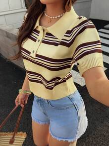 女士夏季条纹撞色 Polo 领纽扣针织短袖套头衫，时尚休闲透气修身短款衬衫 - 金色 - 查看 5