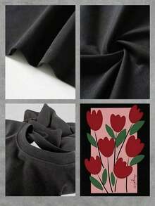 Elegante camiseta de mujer con estampado floral abstracto, elegante camiseta de cuello redondo para uso informal, tela suave y cómoda, diseño de tulipán rojo vibrante, perfecta para la moda diaria, es una maravillosa opción de regalo con un patrón único y un ajuste moderno, ideal para atuendos de verano y capas, expresa tu personalidad con este llamativo top. - Negro - Ver 4