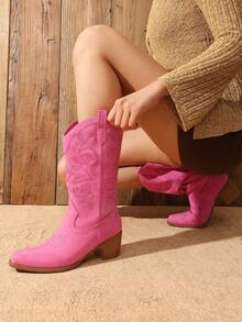 New Arrivals Women's Cowboy Boots Cowgirl Western Boots Mid Calf Boots Fashionable Embroidery Stitched Slip On Chunky Heel Music Festival Party Boots - Hồng - Xem 3