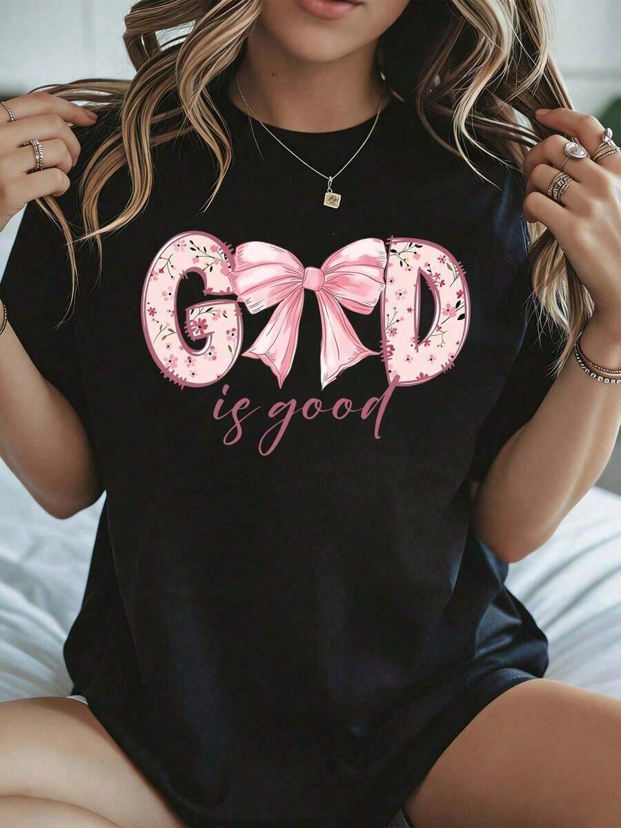 Camiseta Blanca de Pascua con Estampado Floral Rosa y Lazo, Estilo Casual para Primavera Verano - Negro - Ver 1