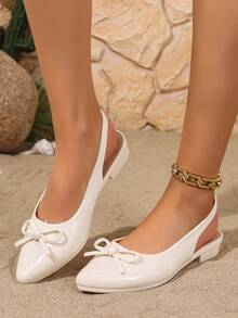 New Spring/Autumn French Style Chunky Heel Bow Tie Pointed Toe Mid Heel Pumps, Low Vamp Non-Fatiguing Work Shoes For Women - White - View 5