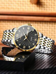 1pc Men's Quartz Wrist Watch, Gold-Tone Alloy Band, Calendar, Diamond-Encrusted Roman Numeral Dial, Business & Casual Style, Gift For Boyfriend (1pc/Set, Watch Box Not Included) - Black - View 6