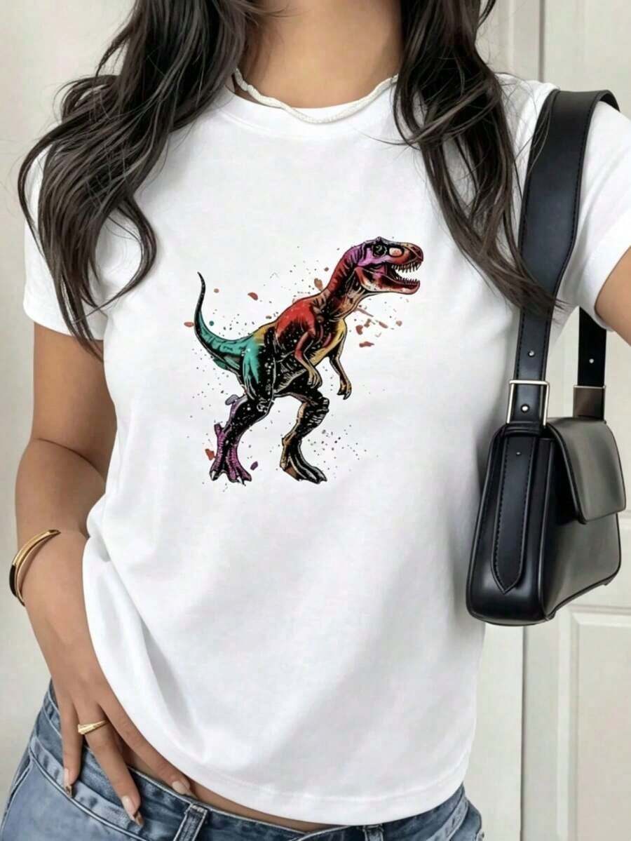 Women's Vintage Casual T-Shirt. This Women's T-Shirt Features A Colorful Dinosaur Print And A Modern Design, Perfect For Everyday Wear. Made From 100% Durable Cotton. It Has A Fashionable Gothic Style. - 白色 - 查看 1